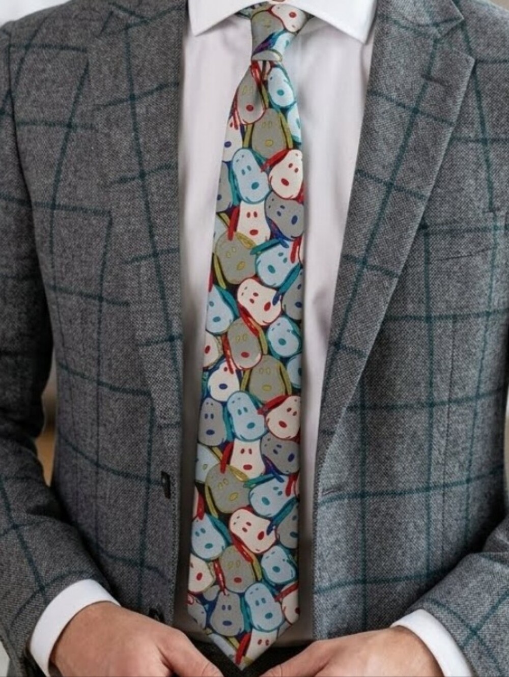 Peanuts Gray Novelty Print Tie with Colorful Dice Motif